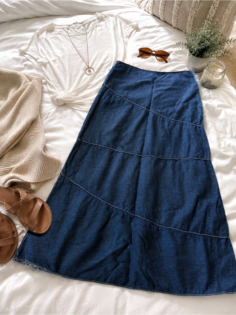 SHUKR Full-Length Boho Thin Denim Maxi Skirt | Size M